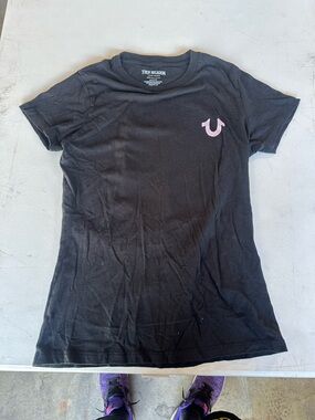 True Religion Black Short Sleeve Tee with Pink Horseshoe Logo